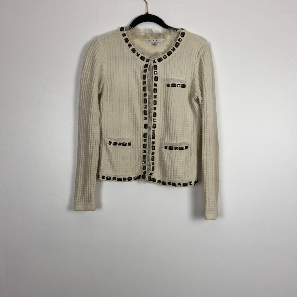 CAbi Gabrielle long sleeve waffle knit embellished cardigan sweater jacket Med